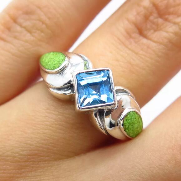 Vintage 925 Square Blue Topaz & Green Inlay Turquoise Ring  Size 5 - Picture 3 of 8